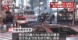 男が２０歳くらいの女性の腹を包丁のようなもので刺し逃走